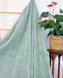 Kantha Stitch Pure Cotton Reversible Bed/Sofa Throw King Size - Geometric Hand-Print Dohar Artisanal Indian Blankets Green White Stripes - thumbnail 1