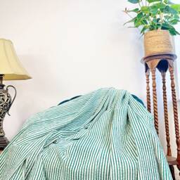 Kantha Stitch Pure Cotton Reversible Bed/Sofa Throw King Size - Geometric Hand-Print Dohar Artisanal Indian Blankets Green White Stripes - thumbnail 4