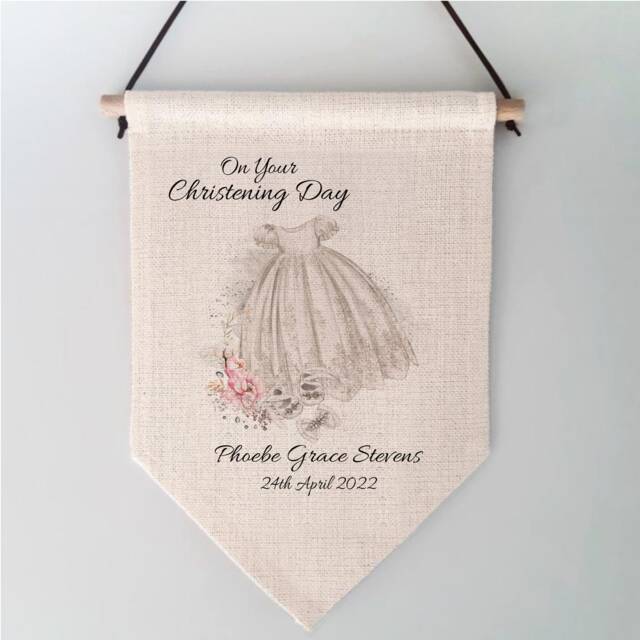 Personalised Christening Day Gift Linen Pennant Flag Wall Hanging Baby Girl Gown Design - image 1