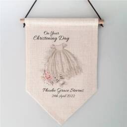 Personalised Christening Day Gift Linen Pennant Flag Wall Hanging Baby Girl Gown Design