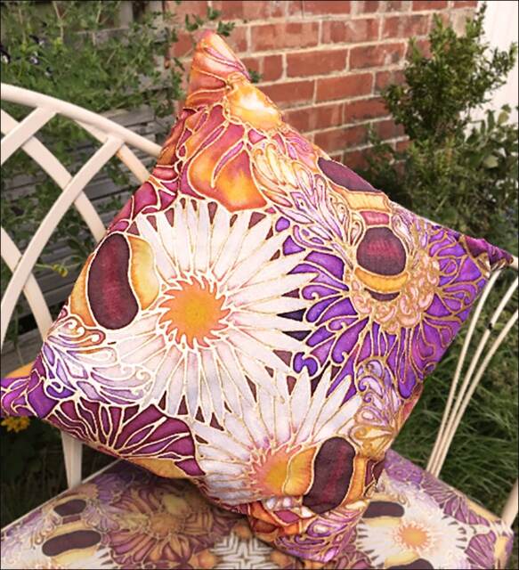 Bees & Flowers Showerproof Cushion - Yellow Plum Exterior Accent Pillow Bumble Bee Garden Seat in Sunshine Colours Gardener Gift - image 1