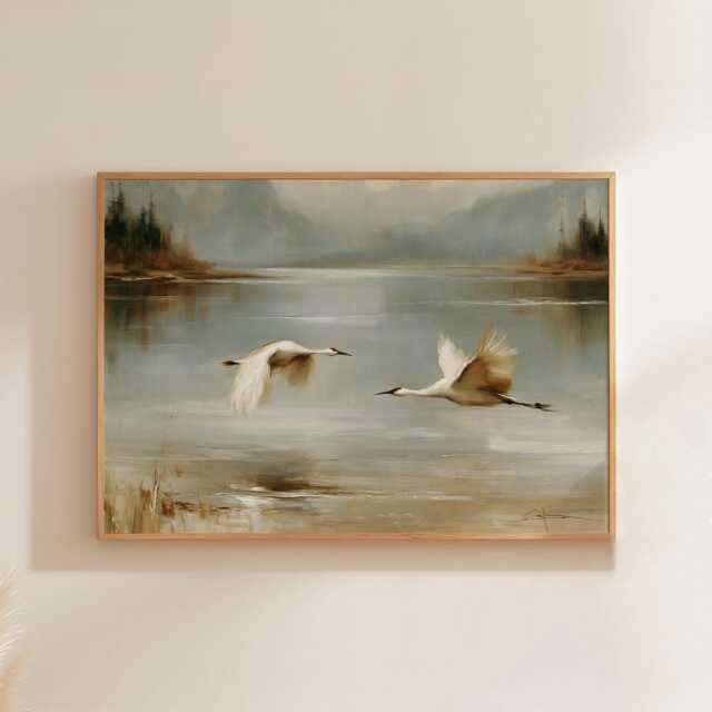 Misty Lake Landscape Poster, Pine Forest Paper Wall Art - image 1