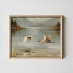 Misty Lake Landscape Poster, Pine Forest Paper Wall Art - thumbnail 3