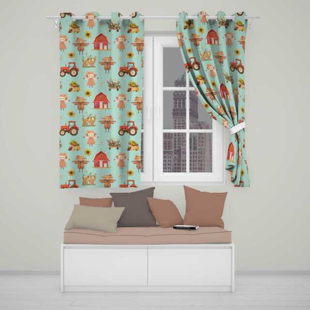 Cute Scarecrow Barn Sunflower Farm Teal Background Seamless Pattern Readymade Eyelet Ring Top Thermal 100% Blackout Curtains - image 1