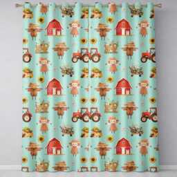 Cute Scarecrow Barn Sunflower Farm Teal Background Seamless Pattern Readymade Eyelet Ring Top Thermal 100% Blackout Curtains - thumbnail 2
