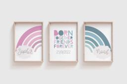 Twins Bedroom Prints, Brother & Sister Sibling Rainbow Playroom Wall Art, Girls Boys Shared Room, Set Of 3 - thumbnail 1