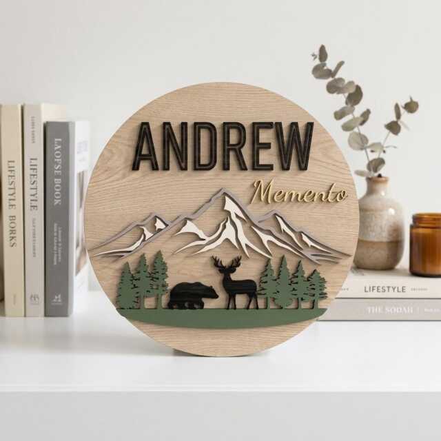 Custom Woodland Nursery Sign, Personalized Baby Name Plaque, Mountain Forest Decor, Bear Deer Wall Art, Rustic Room Sign - image 1