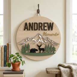 Custom Woodland Nursery Sign, Personalized Baby Name Plaque, Mountain Forest Decor, Bear Deer Wall Art, Rustic Room Sign - thumbnail 2