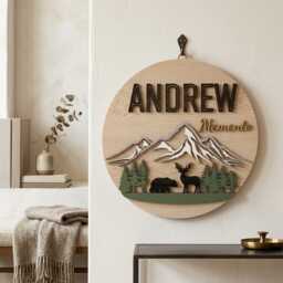 Custom Woodland Nursery Sign, Personalized Baby Name Plaque, Mountain Forest Decor, Bear Deer Wall Art, Rustic Room Sign - thumbnail 4