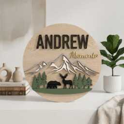 Custom Woodland Nursery Sign, Personalized Baby Name Plaque, Mountain Forest Decor, Bear Deer Wall Art, Rustic Room Sign - thumbnail 3