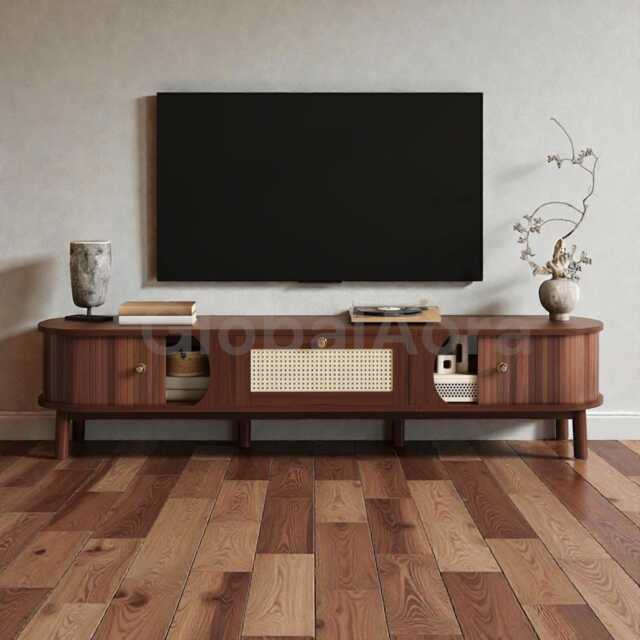 Tv Console Table, Rattan Door Stand With Solid Wood Storage, Rustic Media Cabinet For Living Room, Natural Entertainment Center - image 1