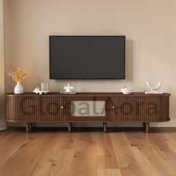 Tv Console Table, Rattan Door Stand With Solid Wood Storage, Rustic Media Cabinet For Living Room, Natural Entertainment Center - thumbnail 2
