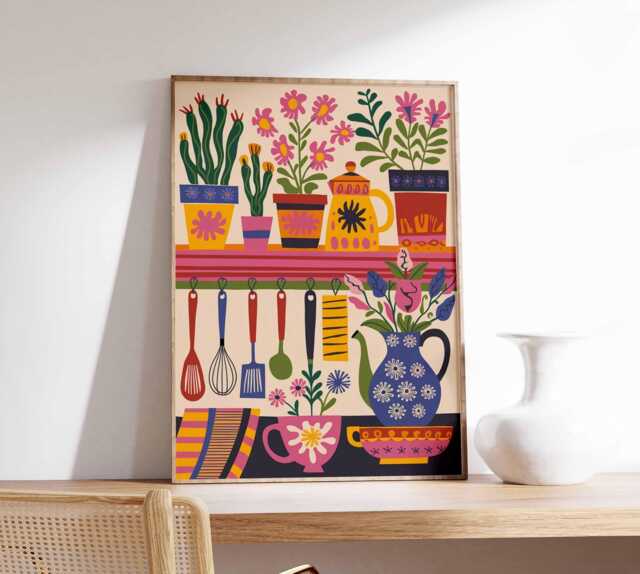 Colorful Kitchen Wall Art, Decor, Floral Poster, Boho Scandinavian Shelf Poster With Utensils & Flowers - image 1