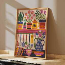 Colorful Kitchen Wall Art, Decor, Floral Poster, Boho Scandinavian Shelf Poster With Utensils & Flowers - thumbnail 3