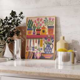 Colorful Kitchen Wall Art, Decor, Floral Poster, Boho Scandinavian Shelf Poster With Utensils & Flowers - thumbnail 2