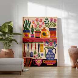 Colorful Kitchen Wall Art, Decor, Floral Poster, Boho Scandinavian Shelf Poster With Utensils & Flowers - thumbnail 4