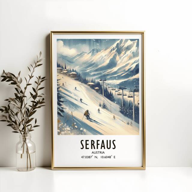 Serfaus Poster Print - Watercolour Ski Alpine Art - Travel Wall Artwork Skiing Gifts Austrian Alps Decor Resort Snowboarding Gift - image 1
