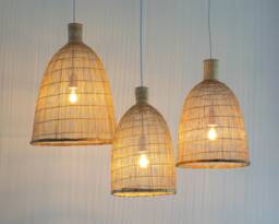 3 Bamboo Basket Pendant Lights - Natural Woven Lampshade, Boho Lighting