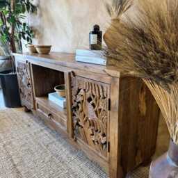 Hand-Carved Mango Wood Tv Unit - Peacock Design With Storage - thumbnail 3