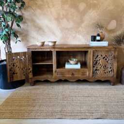 Hand-Carved Mango Wood Tv Unit - Peacock Design With Storage - thumbnail 4