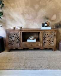Hand-Carved Mango Wood Tv Unit - Peacock Design With Storage