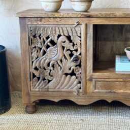 Hand-Carved Mango Wood Tv Unit - Peacock Design With Storage - thumbnail 2