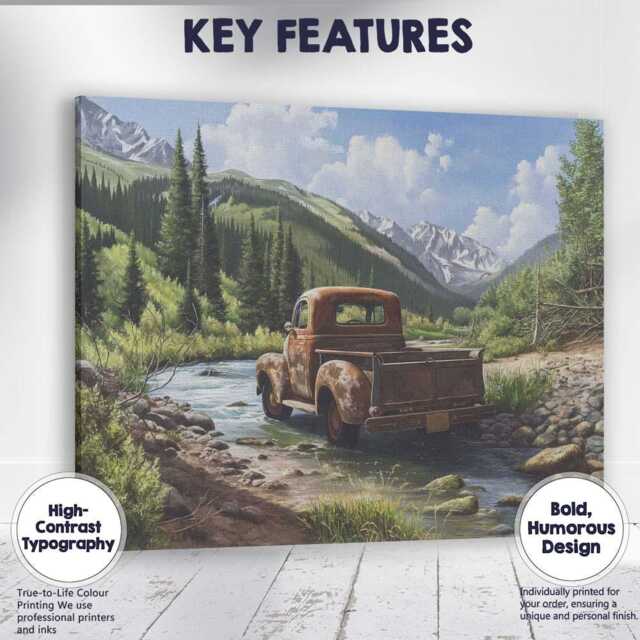 Vintage Pickup Truck Mountain River Landscape Canvas Wall Art Print Decor Picture Ready To Hang - image 1