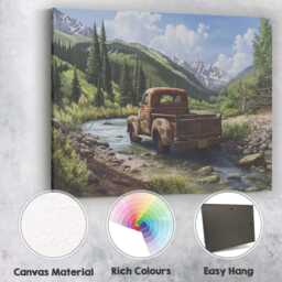 Vintage Pickup Truck Mountain River Landscape Canvas Wall Art Print Decor Picture Ready To Hang - thumbnail 2