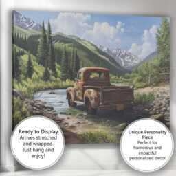 Vintage Pickup Truck Mountain River Landscape Canvas Wall Art Print Decor Picture Ready To Hang - thumbnail 3