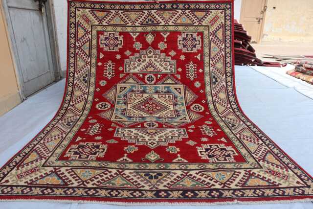 5'2x6'10 Ft Afghan Kazak Hand Knotted Area Rug - New Luxury Rug Medallion Turkish Geometric Rug, For Livingroom - image 1