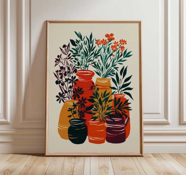 Orange Red Vases Poster, Abstract Botanical Wall Art, Folk Pottery Print, Still Life Decor - image 1