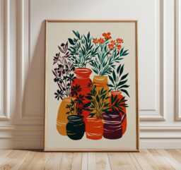 Orange Red Vases Poster, Abstract Botanical Wall Art, Folk Pottery Print, Still Life Decor - thumbnail 1