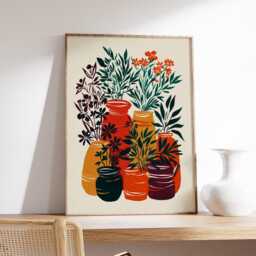 Orange Red Vases Poster, Abstract Botanical Wall Art, Folk Pottery Print, Still Life Decor - thumbnail 2