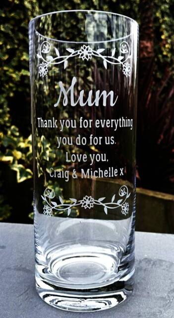 Personalised Engraved Glass Vase, Mum, Mother's Day, Birthday, Thank You, Floral Design