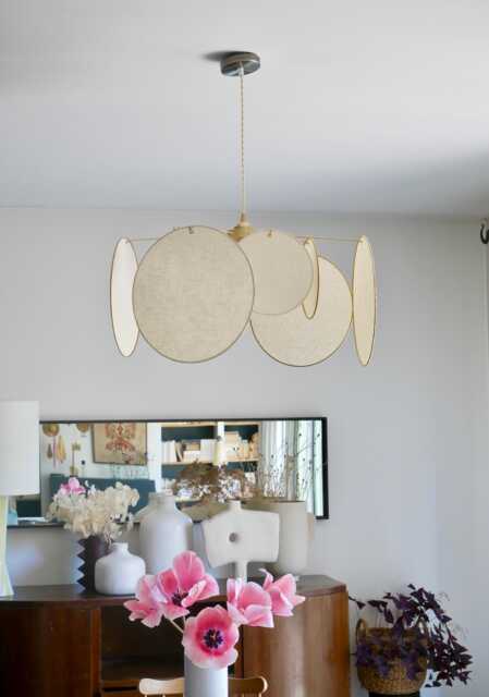 8-Round Linen & Brass Pendant Light - Designer Chandelier Kinetic Mobile Handmade - image 1