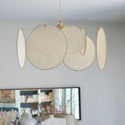 8-Round Linen & Brass Pendant Light - Designer Chandelier Kinetic Mobile Handmade - thumbnail 3