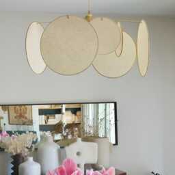 8-Round Linen & Brass Pendant Light - Designer Chandelier Kinetic Mobile Handmade - thumbnail 2