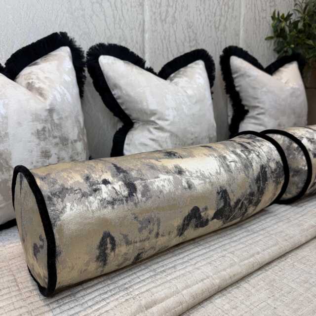 "Black - Metallic Gold Luxury Bolster Cushion Piped Pillow 16""x6" - image 1