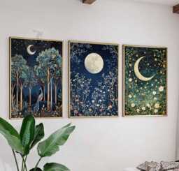 William Morris Set Of 3 Posters, Gold Decor, Print, Moon Poster, Night Sky Art, Botanical Floral Bedroom Art - thumbnail 1