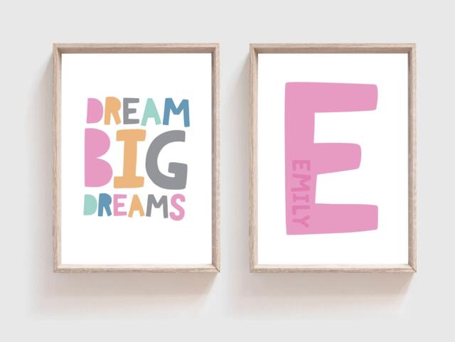 Set Of 2 Girls Bedroom Prints, Wall Art, Pink Initial Print, Nursery Bedroom, Print - image 1
