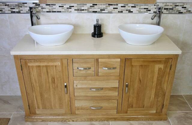 Solid Oak Bathroom Double Vanity Unit Cabinet Cream Marble Ceramic Basin Set 603cmcbc - image 1