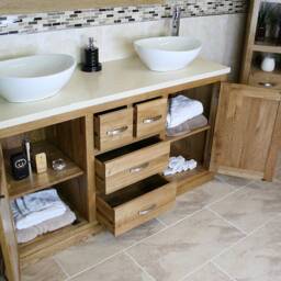 Solid Oak Bathroom Double Vanity Unit Cabinet Cream Marble Ceramic Basin Set 603cmcbc - thumbnail 3