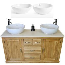 Solid Oak Bathroom Double Vanity Unit Cabinet Cream Marble Ceramic Basin Set 603cmcbc - thumbnail 2