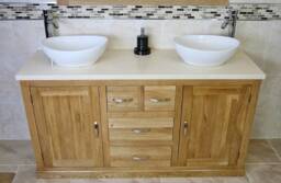 Solid Oak Bathroom Double Vanity Unit Cabinet Cream Marble Ceramic Basin Set 603cmcbc - thumbnail 1