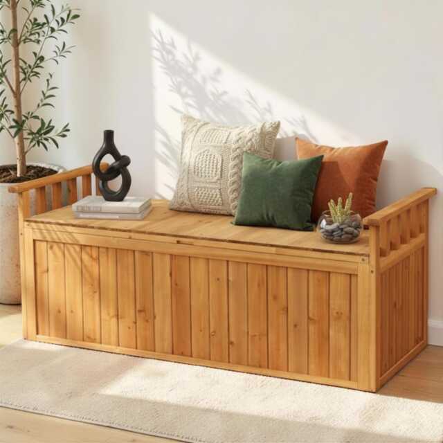 Wooden Storage Bench Large Fir Wood Deck Box, Patio Garden Seating Bench - image 1