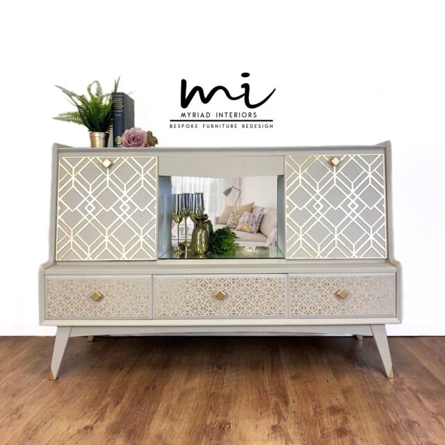 Sold Commissions Available Vintage Drinks Cabinet, Cocktail, Retro, Sideboard, Highboard, Wall Unit, Neutral Taupe, Gold, Art Deco Cupboard - image 1