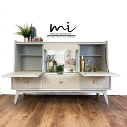 Sold Commissions Available Vintage Drinks Cabinet, Cocktail, Retro, Sideboard, Highboard, Wall Unit, Neutral Taupe, Gold, Art Deco Cupboard - thumbnail 3