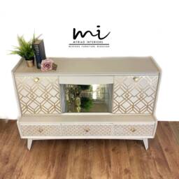 Sold Commissions Available Vintage Drinks Cabinet, Cocktail, Retro, Sideboard, Highboard, Wall Unit, Neutral Taupe, Gold, Art Deco Cupboard - thumbnail 2