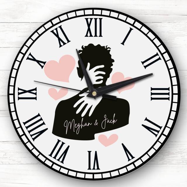 Silhouette Hug Cuddle Anniversary Valentine's Day Gift Grey Personalised Clock - image 1