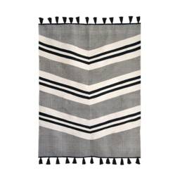 Flatwoven Kilim Rug - Black & White Cotton Pompom Tasseled Rugs Boho Area Accent Runner Handwoven Low Pile Modern Living Room - thumbnail 3
